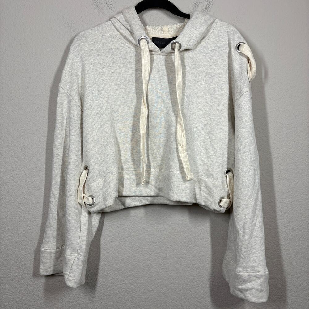 Kendall + Kylie Womens Size Medium Crop Hoodie Oatmeal Gray Cotton Long Sleeves